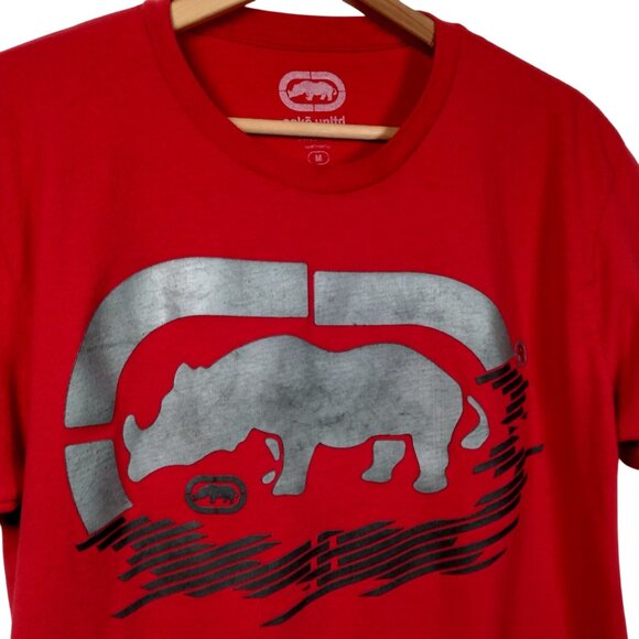 Ecko Unltd Shirt Men Medium Red Short Sleeve Gray Rhino Graphic T Streetwear - Picture 1 of 13